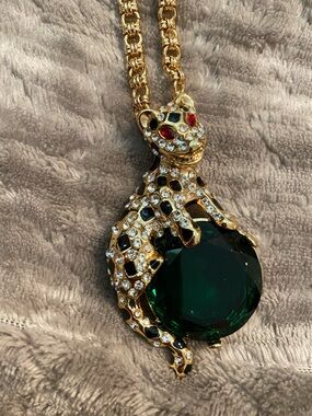 Kenneth Jay Lane Gold-Tone Leopard Pendant with Emerald Green Crystal